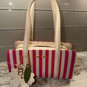 NWT Betsey Johnson Pink and White Striped Tote with Cream Handles